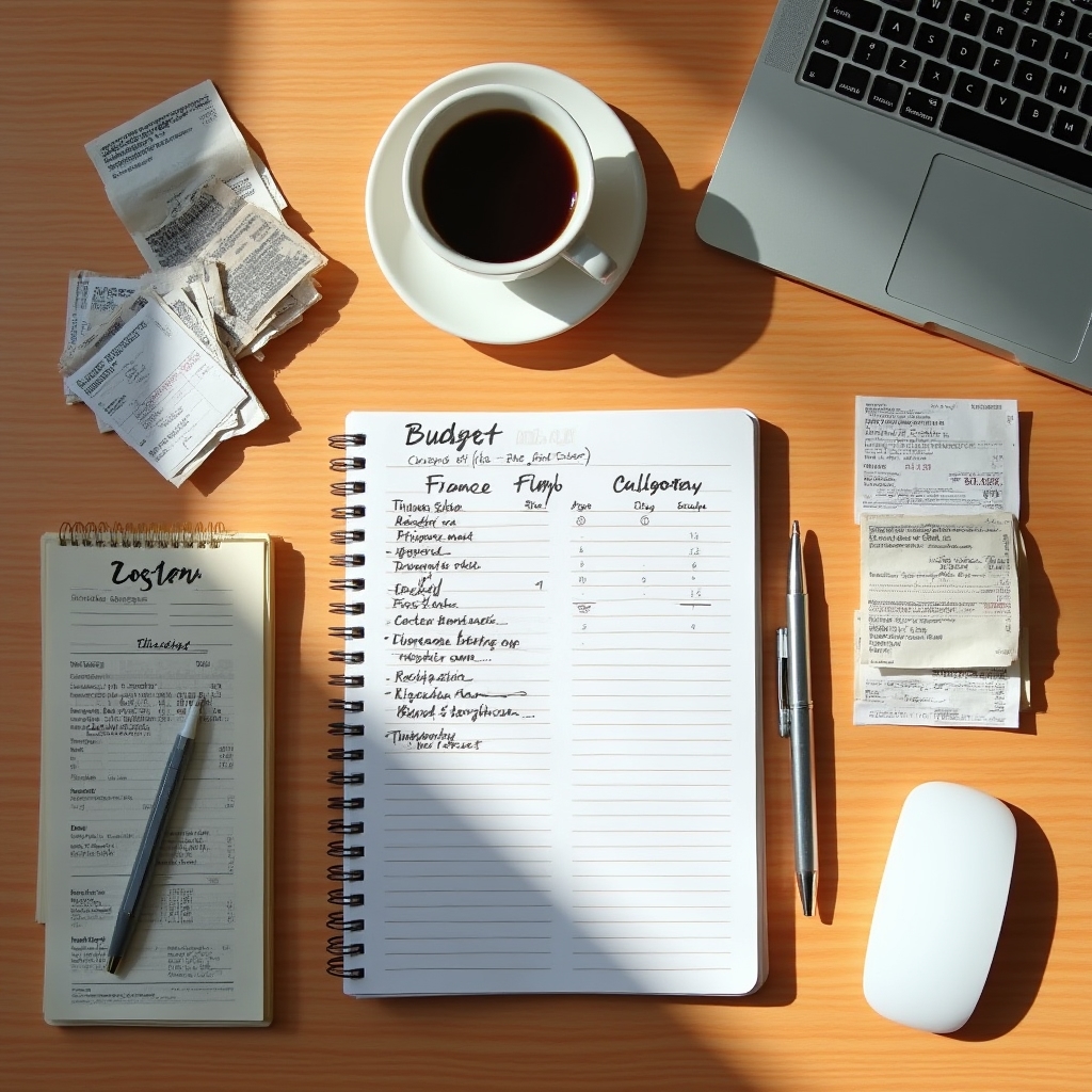 Person creating household budget with organized documents and notes
