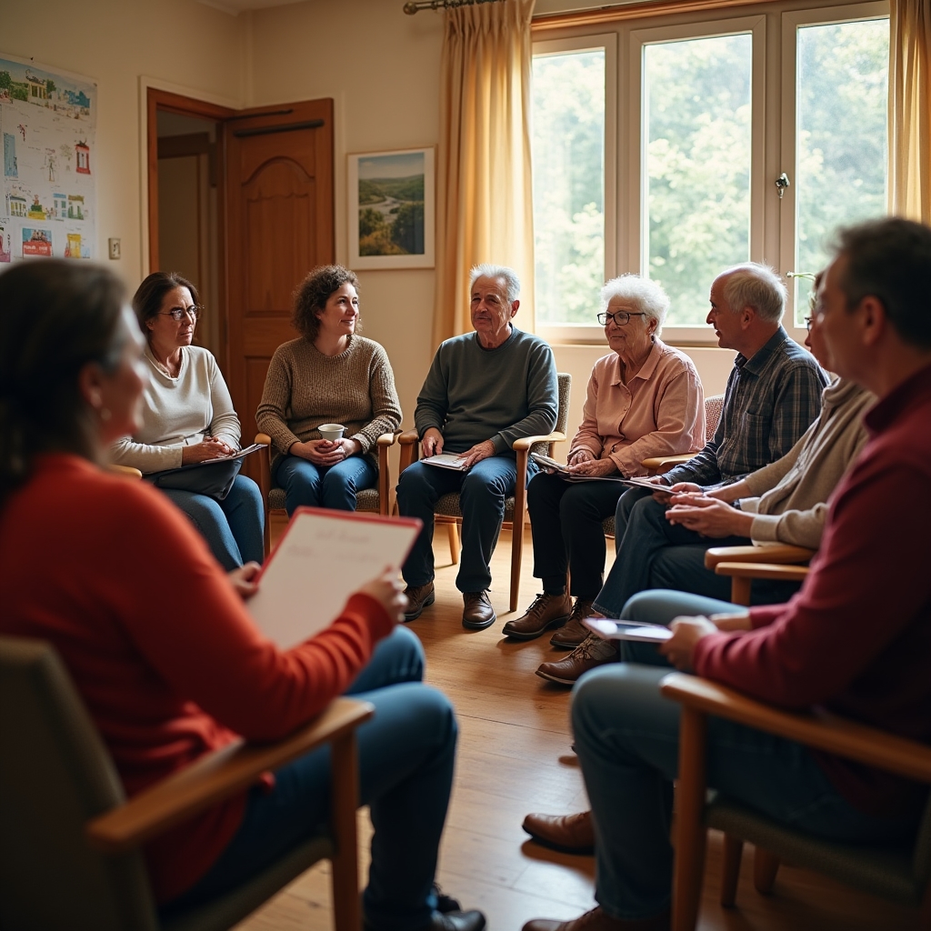 Group of Spanish residents in community financial discussion session