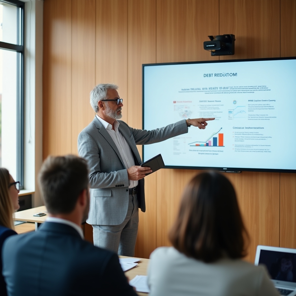 Financial advisor explaining debt management concepts with charts and documentation