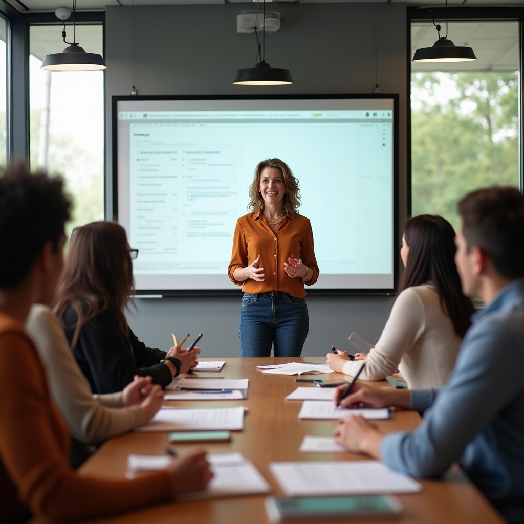 Financial education session with participants reviewing course materials in modern learning environment